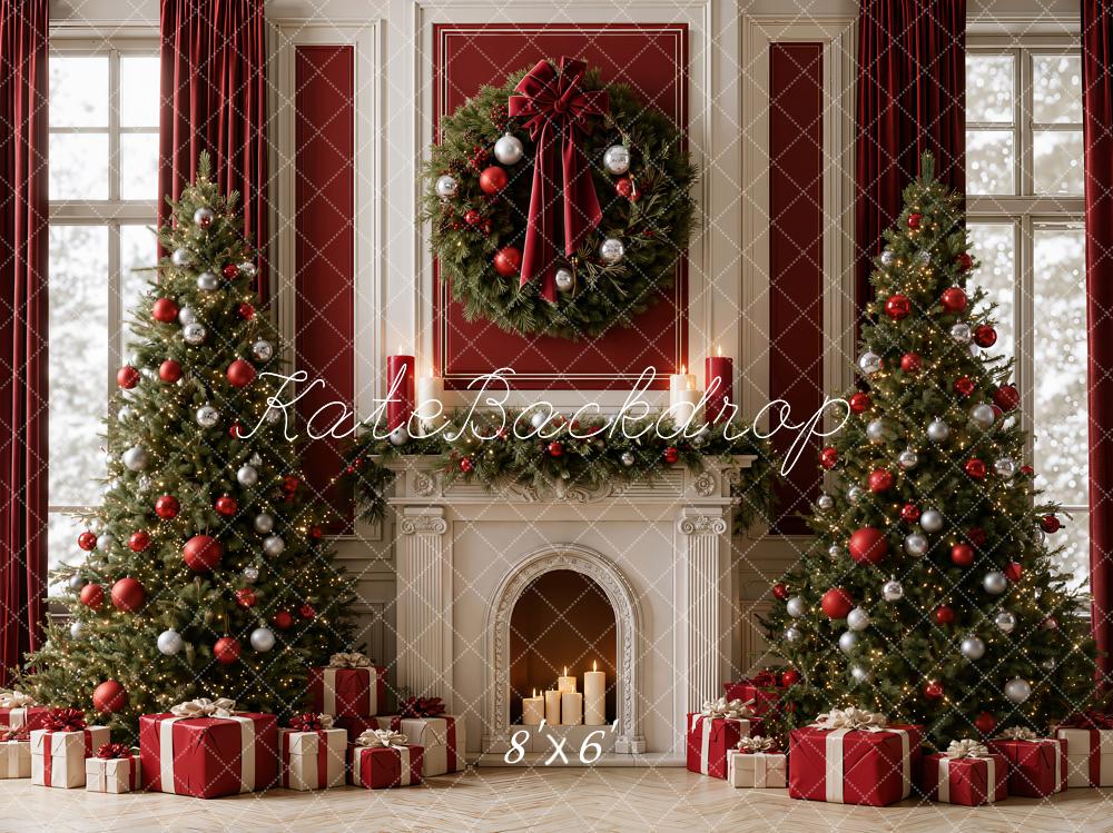 Kate Christmas Trees Vintage Red Bow Fireplace Wreath Gifts Printed Backdrop Designed by Emetselch
