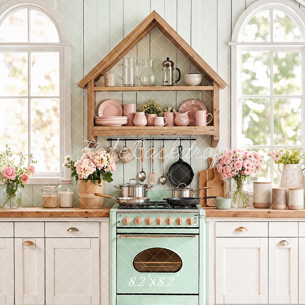 Kate Pastel Kitchen Floral Shelf Mint Stove Backdrop Designed by Emetselch