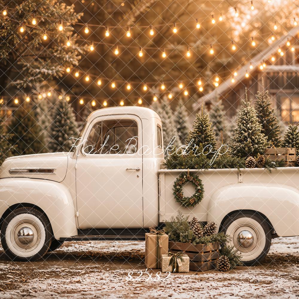 Kate Christmas Vintage Truck Pine Trees String Lights Printed Backdrop Designed by Emetselch