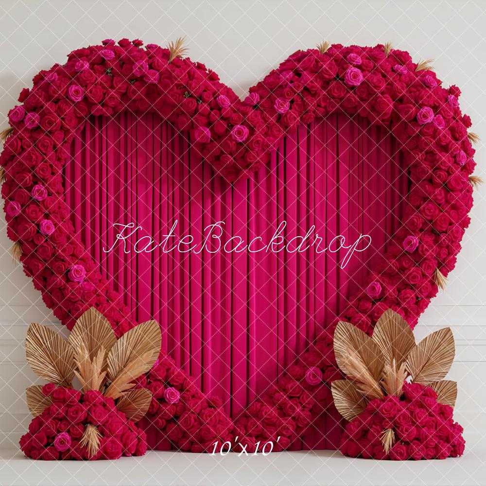 Kate Valentines Heart Flower Arch Pink Roses Gold Leaves Printed Backdrop Designed by Mini MakeBelieve