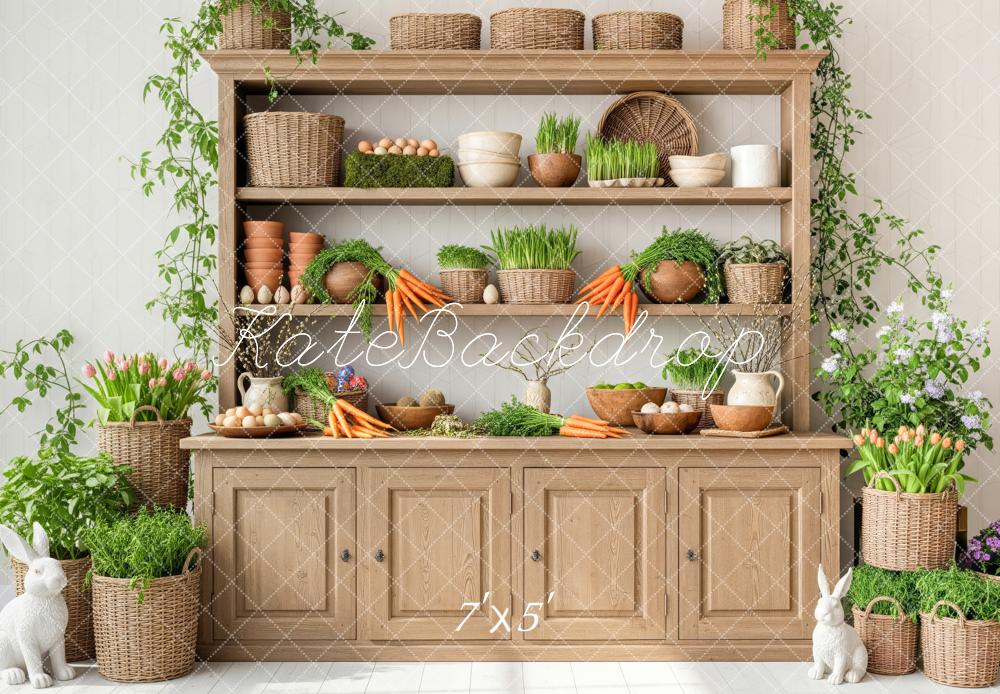 Kate Easter Bunny Shelf Carrots Eggs Plants Cabinet Printed Backdrop Designed by Patty Roberts