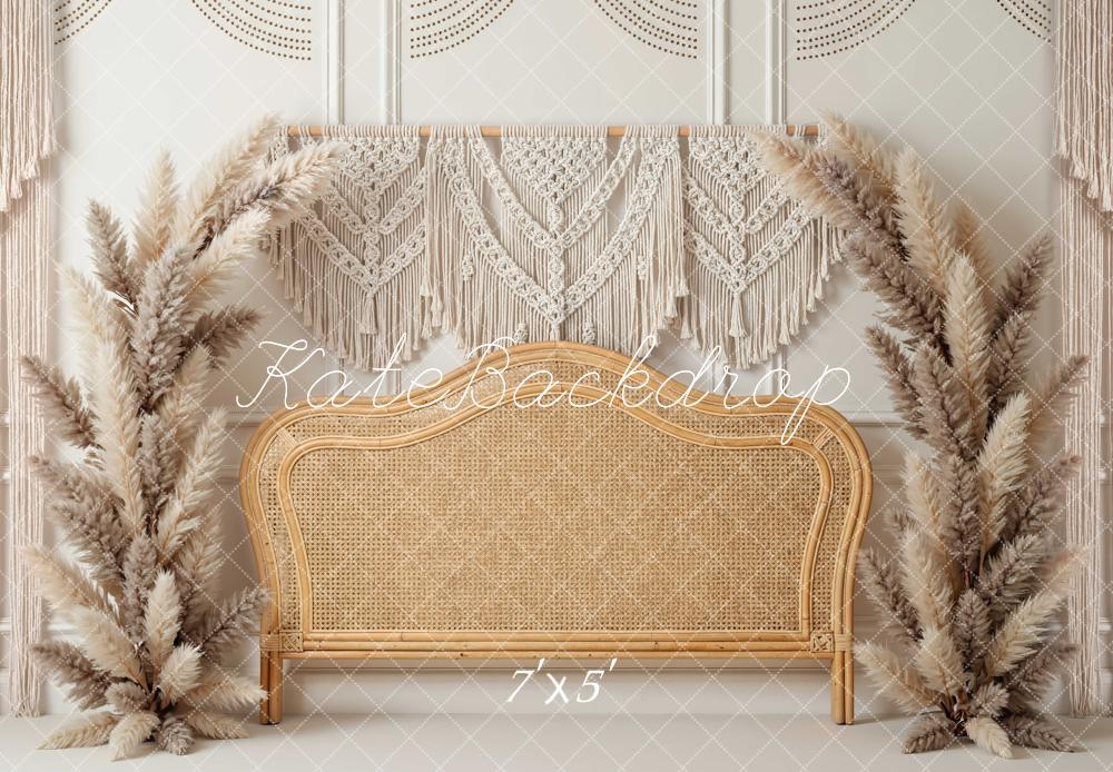 Kate Boho Macrame Rattan Headboard Pampas Grass Printed Backdrop Designed by Mini MakeBelieve