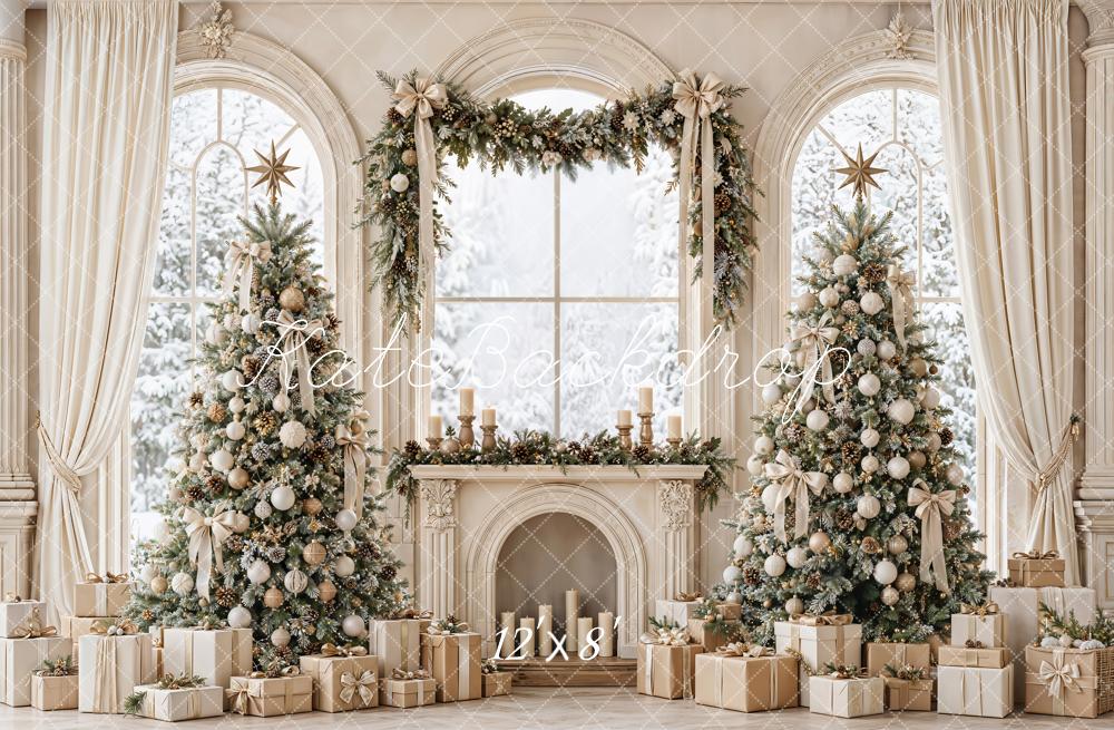 Kate Christmas Trees Fireplace Arched Windows White Curtains Printed Backdrop Designed by Emetselch