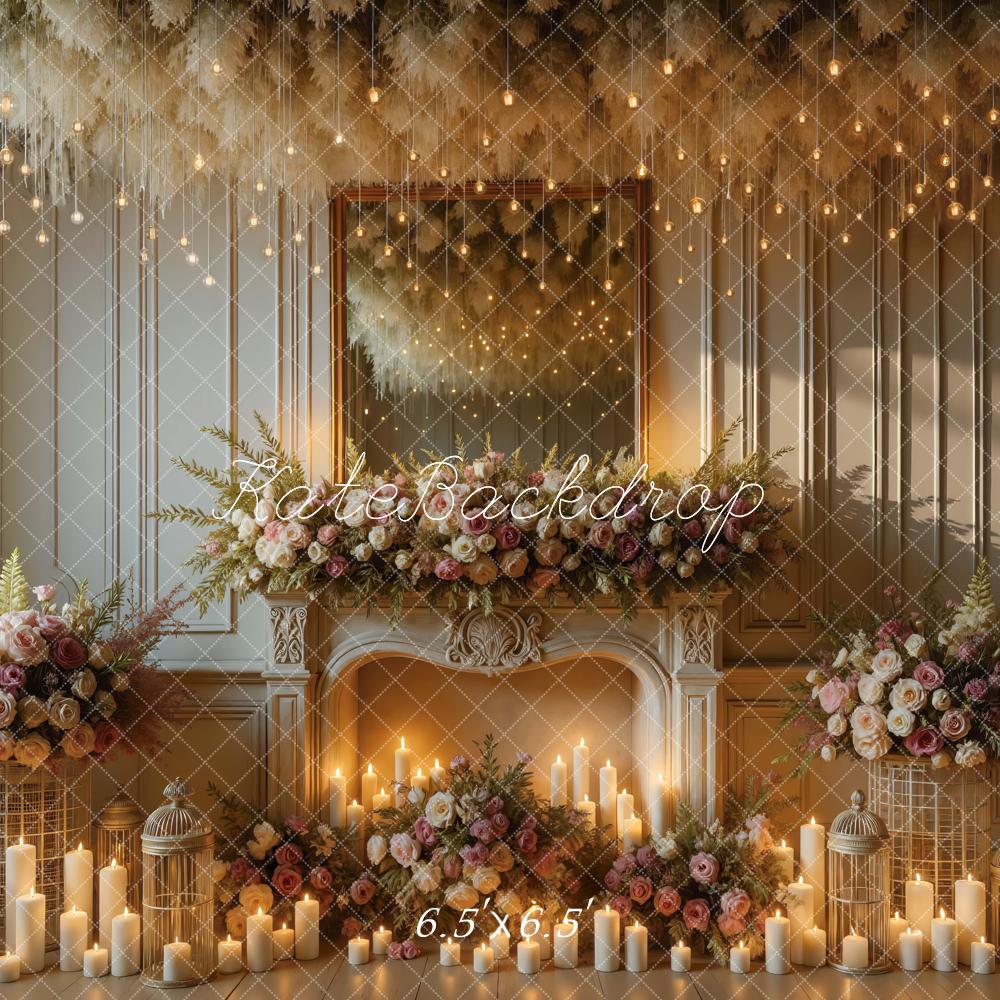 Kate Floral Fireplace Candles Mirror Hanging Lights Printed Backdrop Designed by Mini MakeBelieve