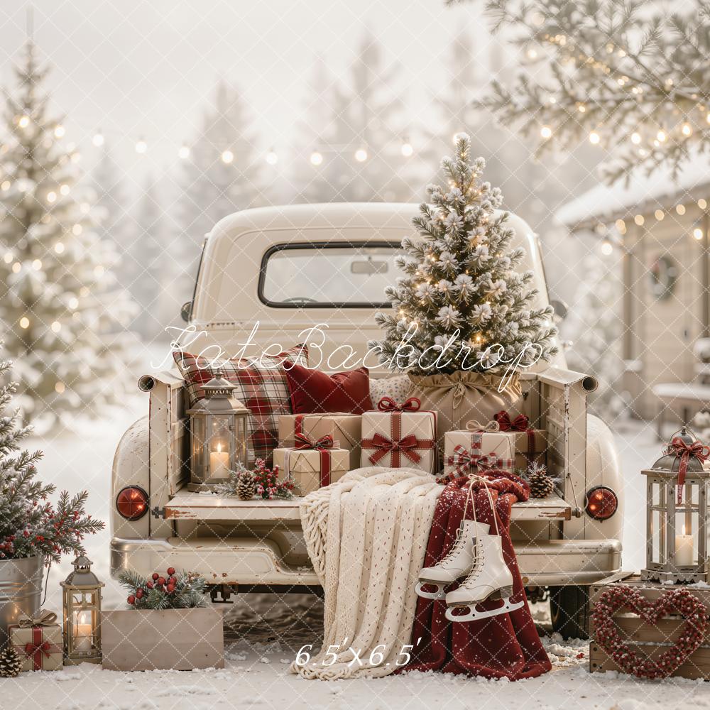 Kate Christmas Vintage White Truck Tree Gifts Ice Skates Snow Printed Backdrop Designed by Emetselch