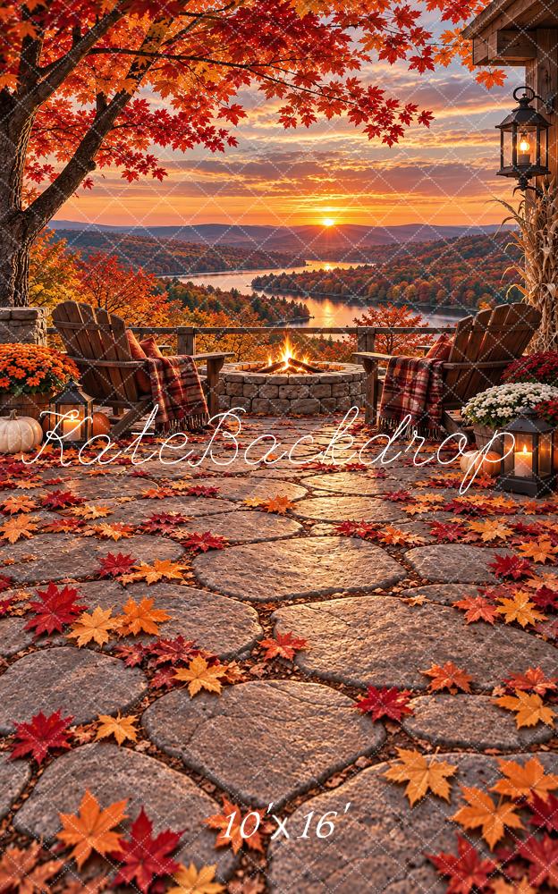 Kate Sweep Fall Lakeside Fire Pit Adirondack Chairs Printed Backdrop Designed by Vertigo Productions