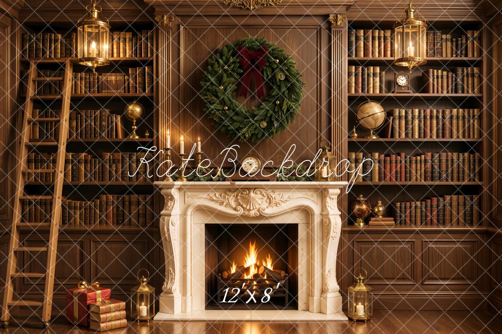 Kate Christmas Fireplace Retro Library Bookshelves Wreath Printed Backdrop Designed by Emetselch