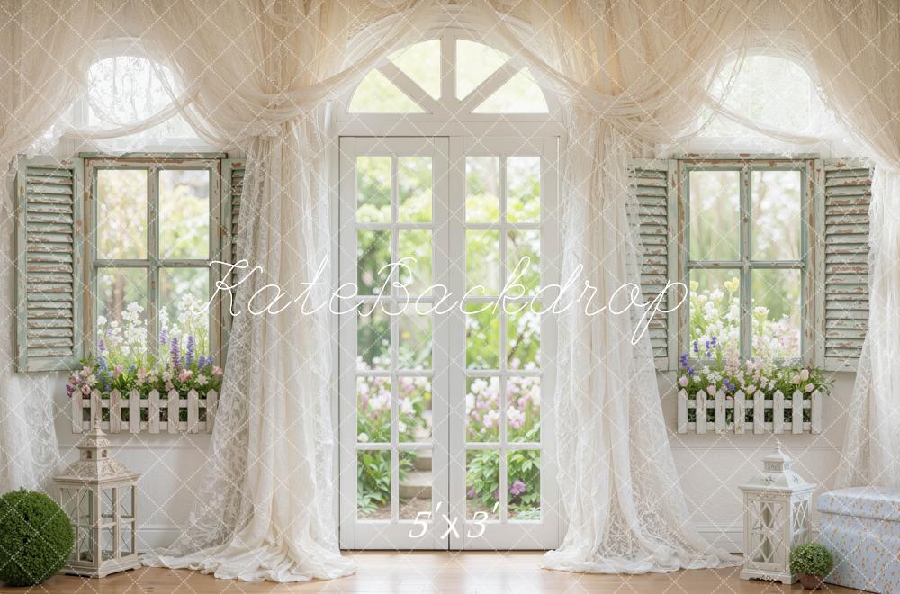 Kate Spring White Drapes Arched French Doors Flower Garden Printed Backdrop Designed by Mini MakeBelieve