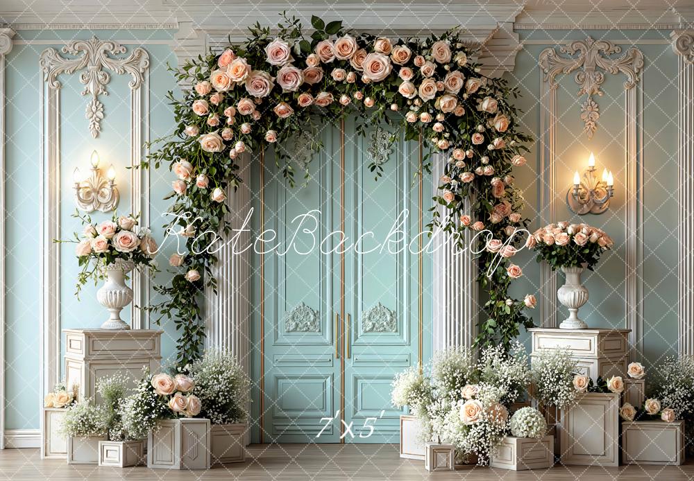 Kate Spring Flower Arch Blue Ornate Wall Printed Backdrop Designed by Mini MakeBelieve
