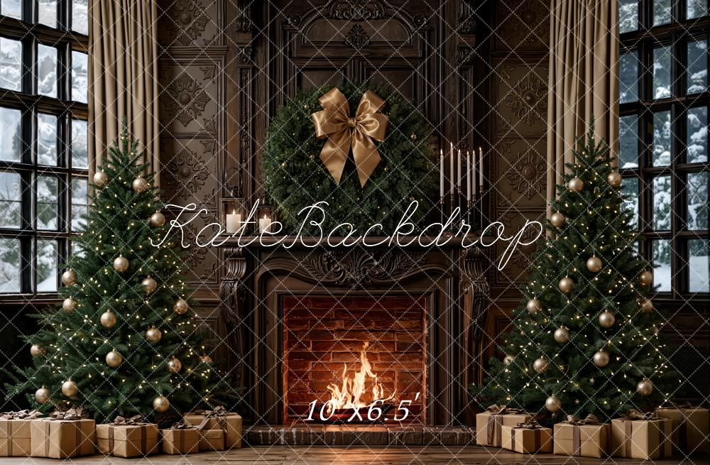 Kate Christmas Retro Brown Fireplace Trees Bow Gifts Printed Backdrop Designed by Emetselch