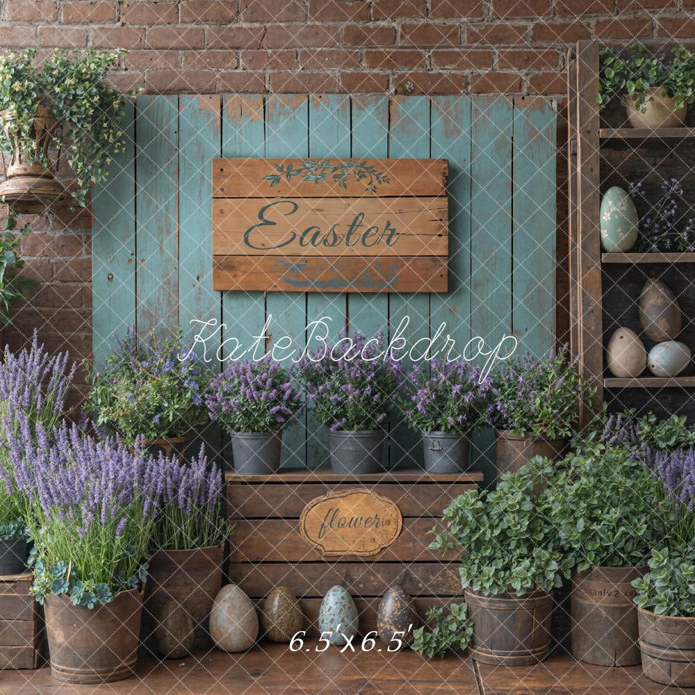 Kate Easter Rustic Eggs Lavender Flowers Wood Shelves Backdrop Designed by Emetselch