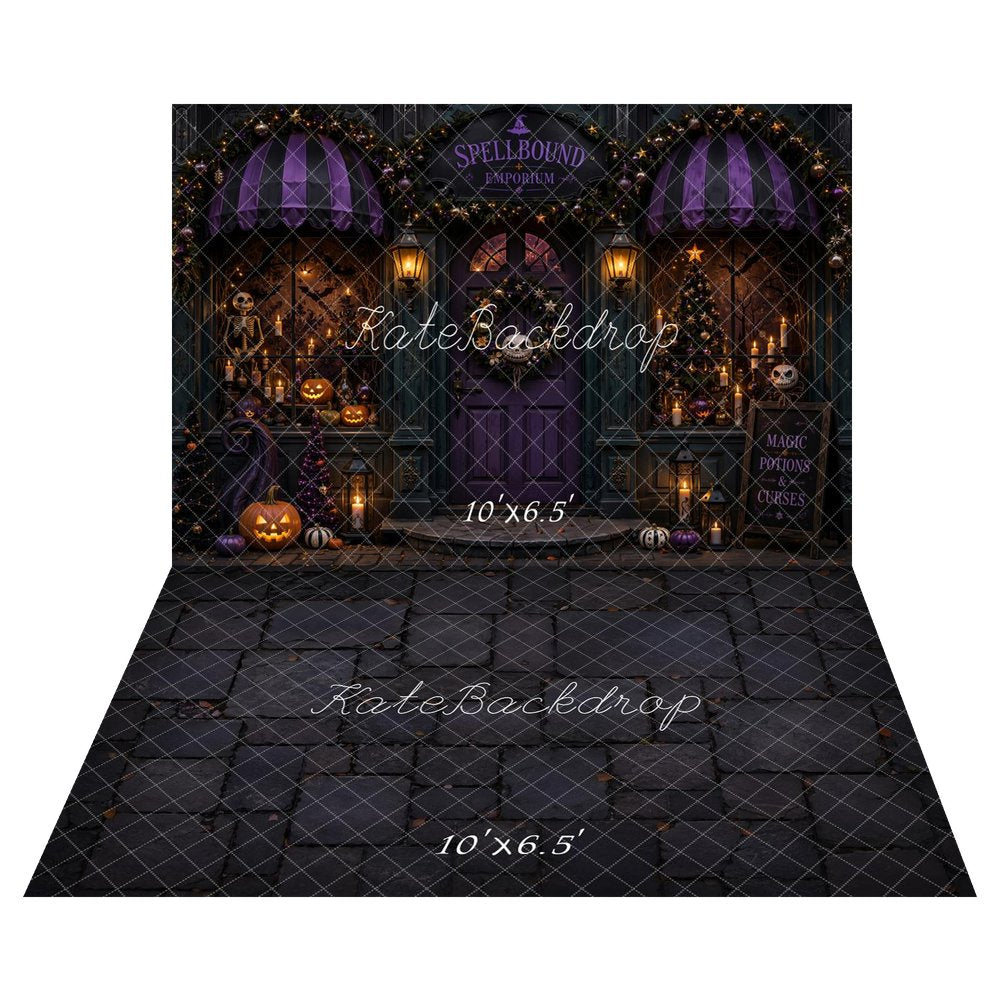 Kate Halloween Shop Doorway Purple Pumpkins Skeleton Candles Printed Backdrop+Black Cobblestone Floor Printed Backdrop