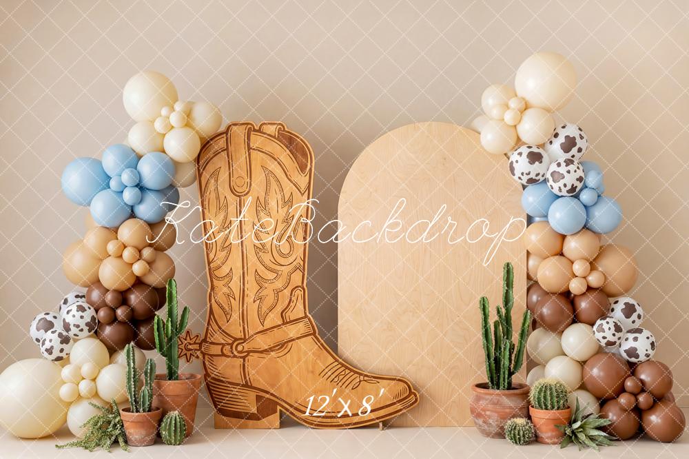 Kate Cake Smash Western Cowboy Boot Cactus Balloon Arch Printed Backdrop Designed by Patty Roberts