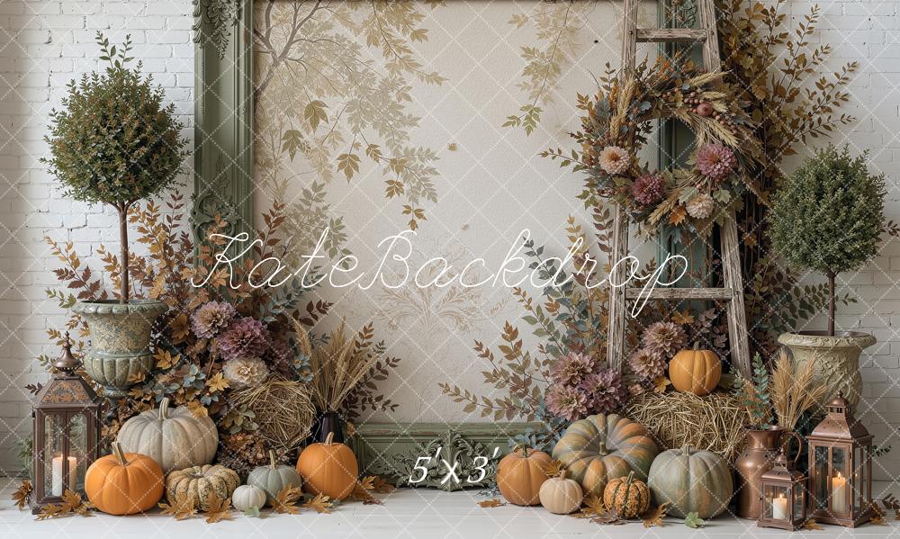 Kate Fall Pumpkin Lantern Wreath Ladder Vintage Frame The Forgotten Copiary Printed Backdrop Designed by Ashley Ward