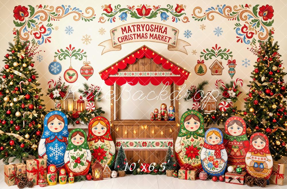 Kate Christmas Matryoshka Market Christmas Trees Ornaments Printed Backdrop Designed by Patty Roberts