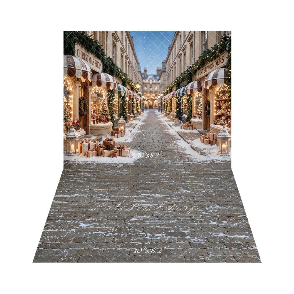 Kate Christmas Shop Snowy Street Printed Backdrop+Cobblestone Snow Floor Printed Backdrop