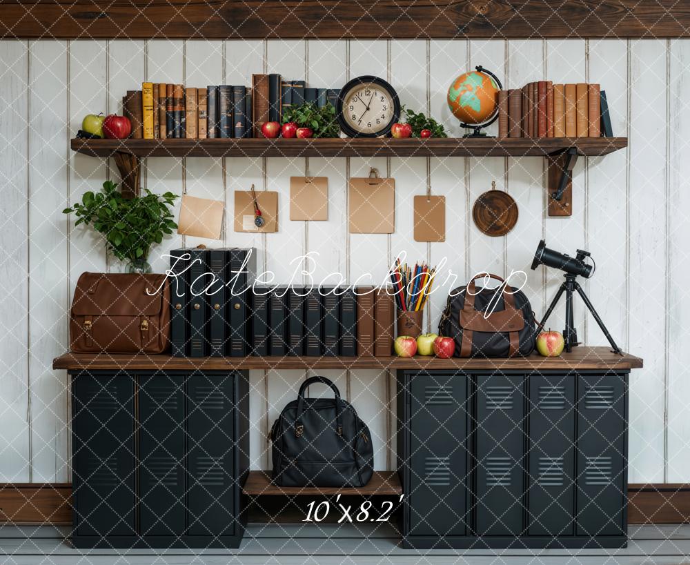 Kate Back to School Black Cabinets Bookshelf Printed Backdrop Designed by Emetselch
