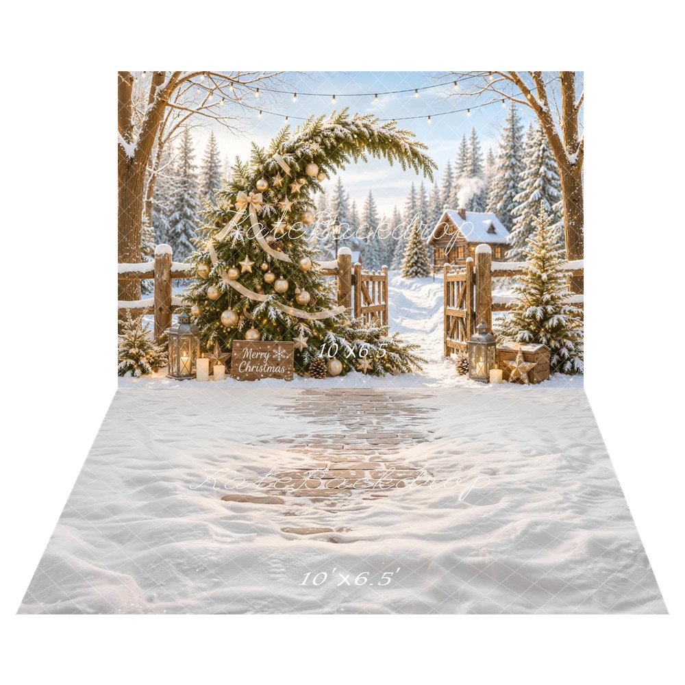 Kate Christmas Fantasy Snowy Tree Whimsical Gold Ornaments Cabin Gate Printed Backdrop+Winter Snow Covered Cobblestone Path Printed Backdrop