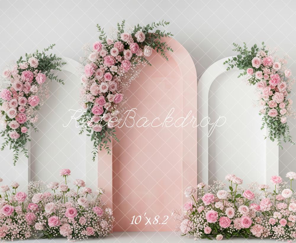 Kate Spring Pink Flower Arch With Floral Arrangements Printed Backdrop Designed by Patty Roberts