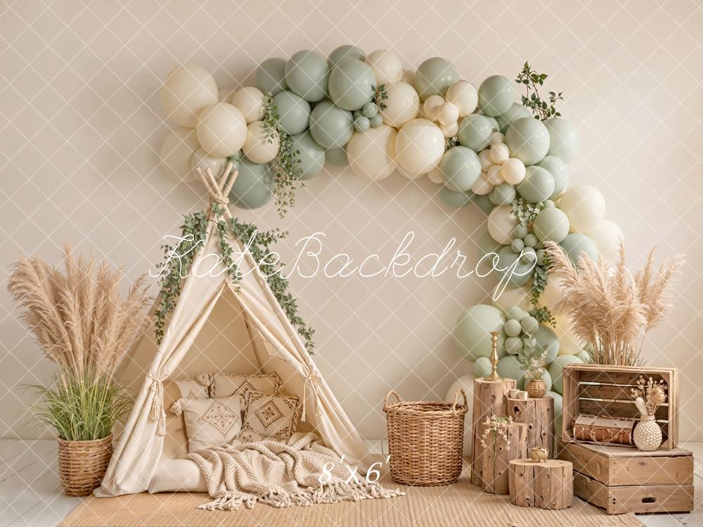 Kate Boho Balloon Arch Tent Pampas Grass Wood Crates Printed Backdrop Designed by Emetselch