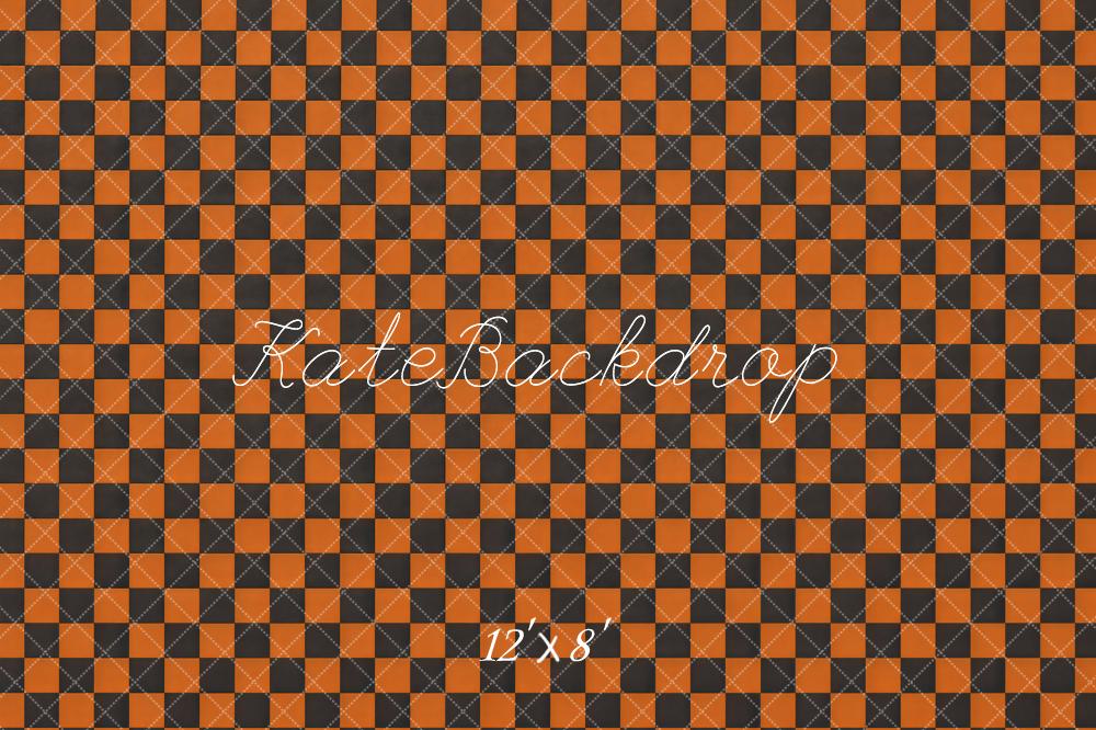 Kate Orange Black Checkerboard Pattern Floor Printed Backdrop Designed by Mini MakeBelieve