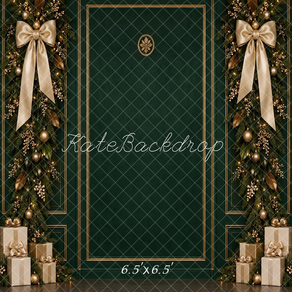 Kate Christmas Green Gold Garland Bows Gifts Printed Backdrop Designed by Vertigo Productions