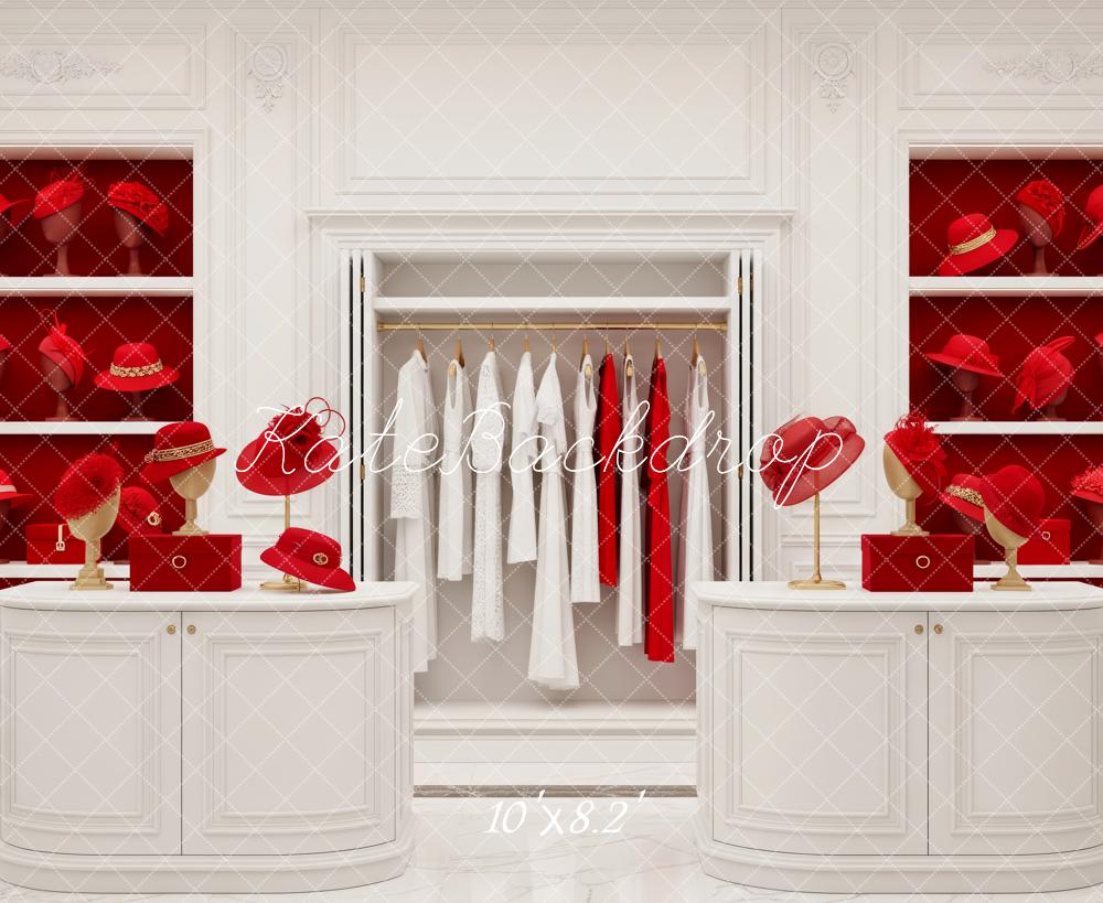 Kate Red Hat Boutique White Cabinets and Wardrobe Backdrop Designed by Patty Roberts