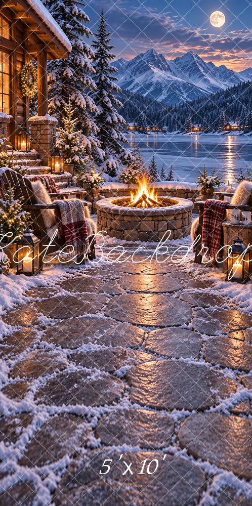 Kate Sweep Christmas Snowy Mountain Lodge Firepit Printed Backdrop Designed by Vertigo Productions