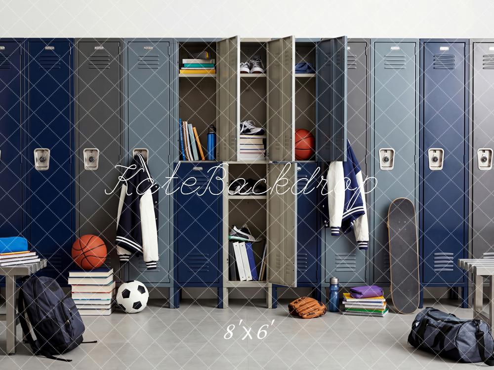 Kate Hign Teen Locker Room Sports Equipment Blue Printed Backdrop Designed by Patty Roberts