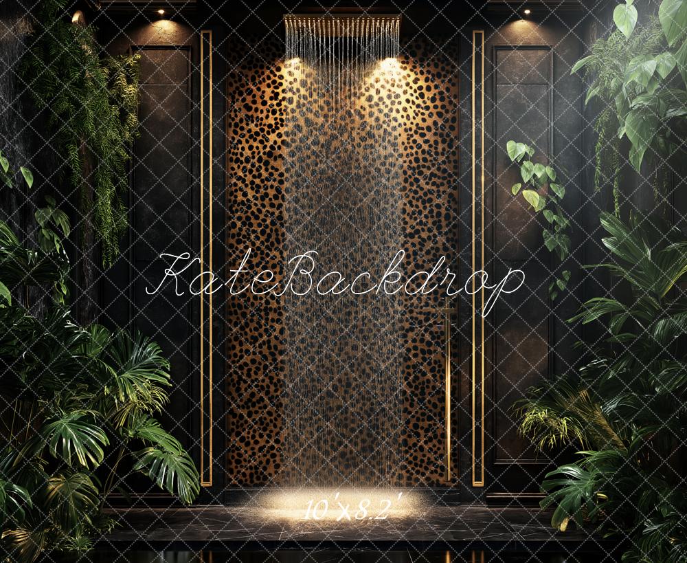 Kate Boudoir Jungle Leopard Print Wall Greenery Shower Backdrop Designed by Ashley Paul