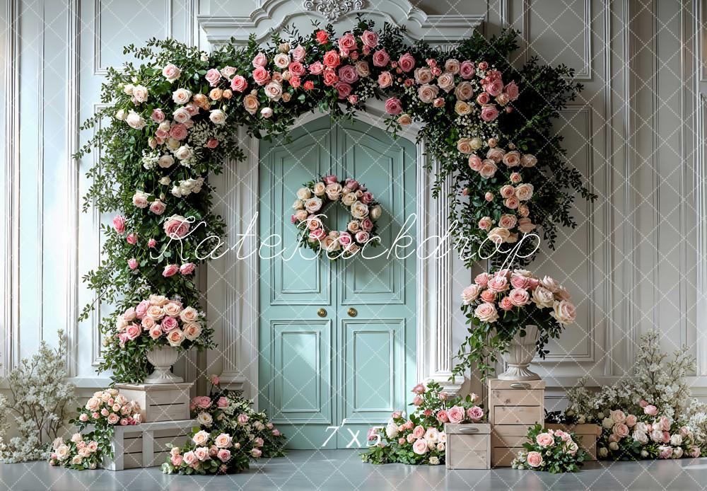Kate Spring Flower Arch Mint Door Floral Crates Backdrop Designed by Mini MakeBelieve