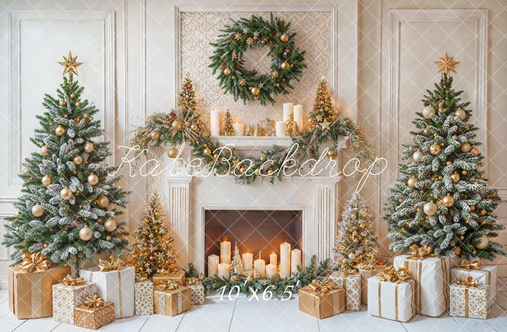 Kate Christmas Fireplace Trees Wreath Gold Ornaments Gifts Backdrop Designed by Emetselch