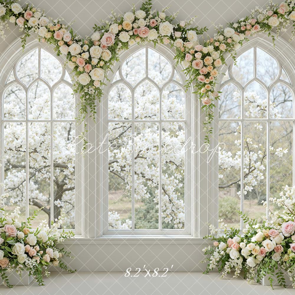 Kate Spring Flower Arch Large Windows White Pink Roses Backdrop Designed by Mini MakeBelieve