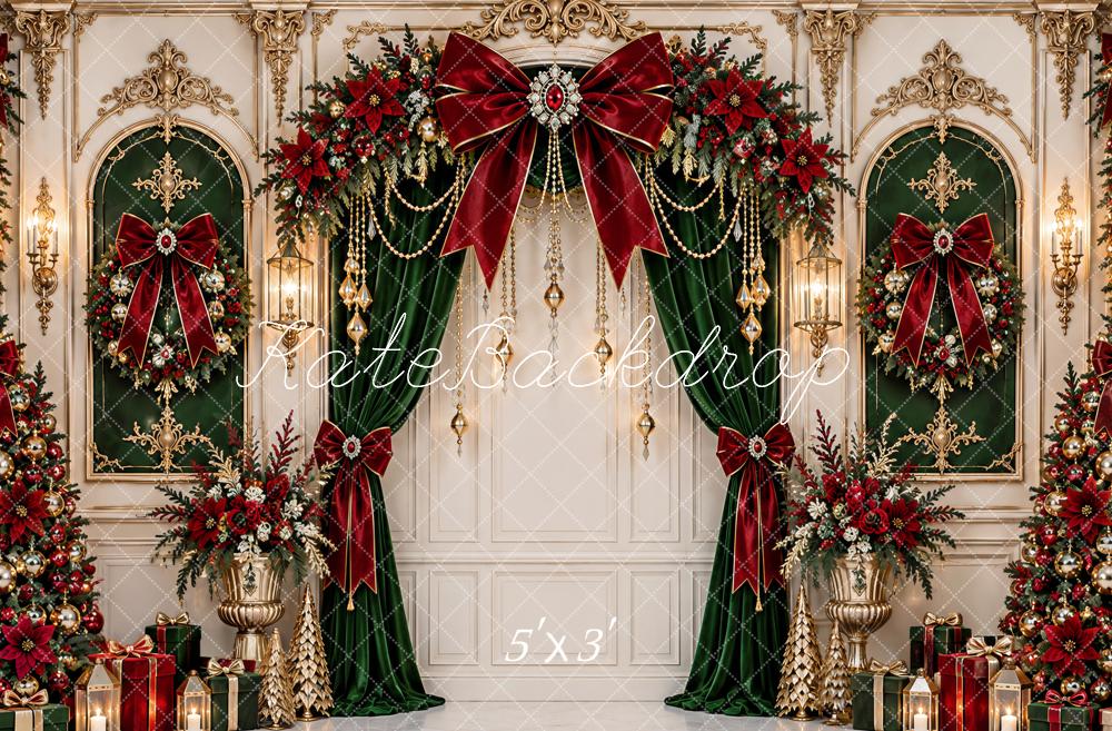 Kate Christmas Opulent Baroque Red Bow Arch Curtains Vintage Printed Backdrop Designed by Ashley Paul