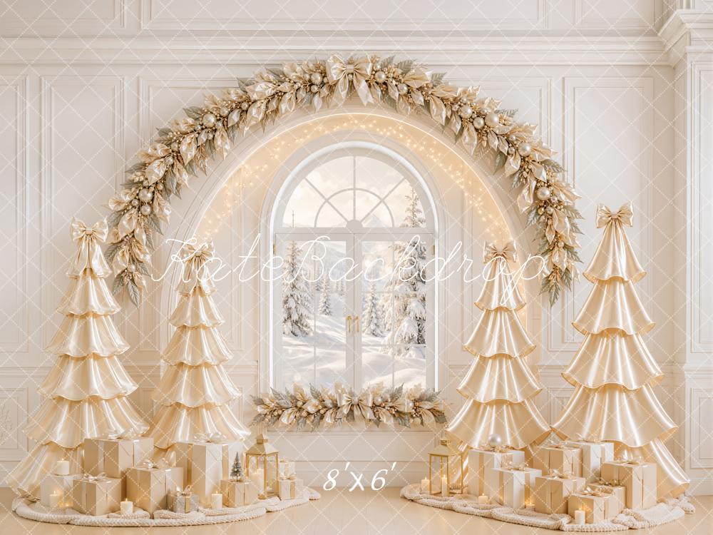 Kate Christmas Gold Satin Trees Garland Window Gifts Printed Backdrop Designed by Emetselch