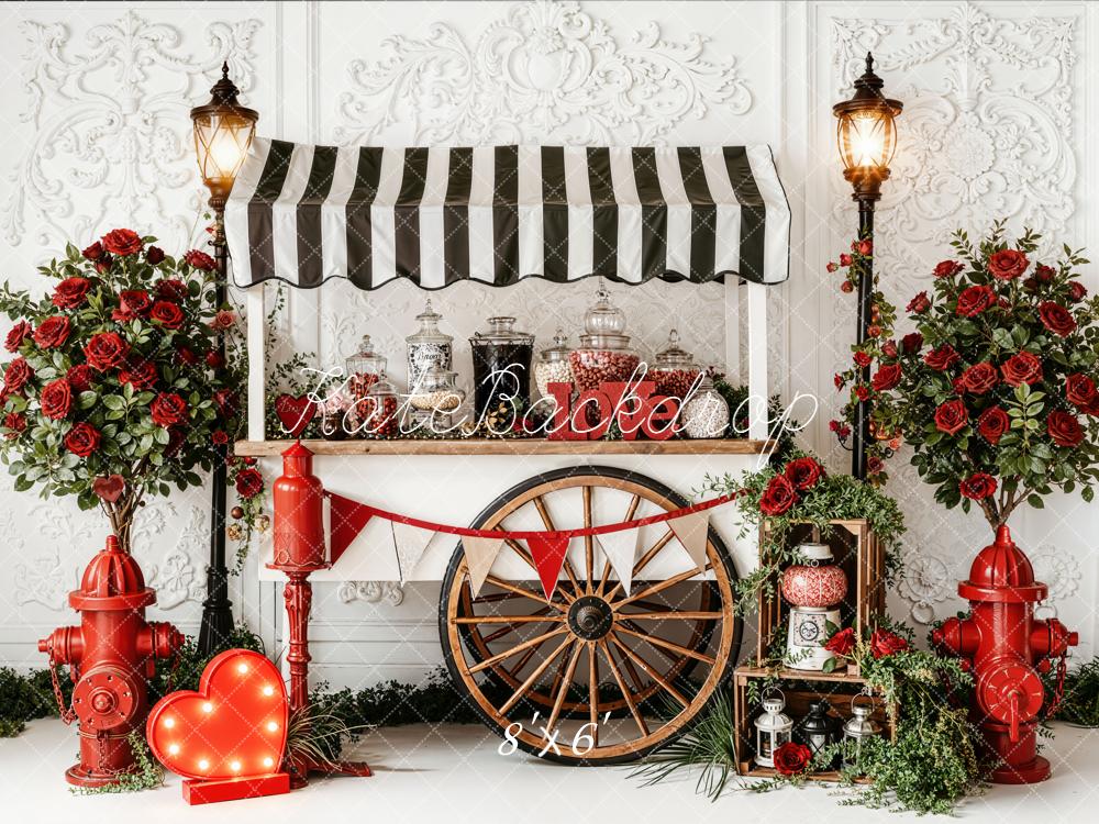 Kate Valentine's Day Candy Cart Red Roses Fire Hydrants Printed Backdrop Designed by Emetselch