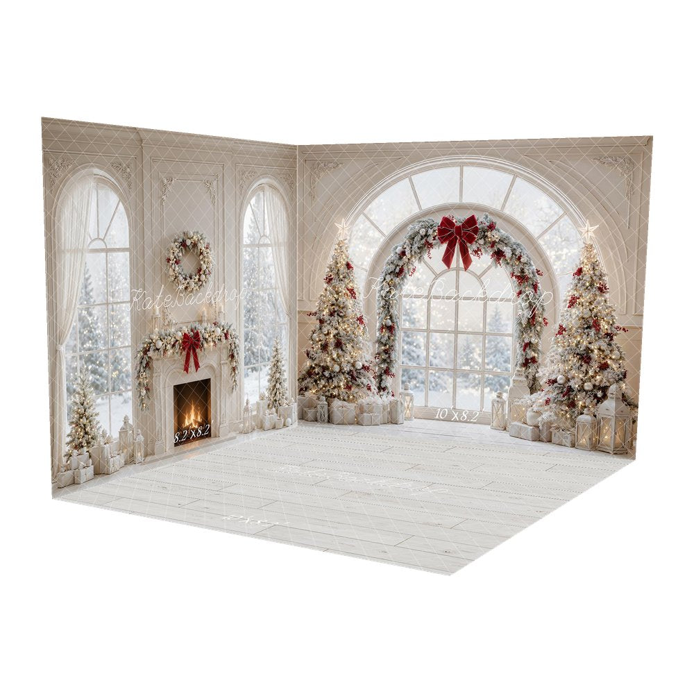 Kate Christmas Trees White Arch Window Red Bow Snowy Printed Backdrop Room Set