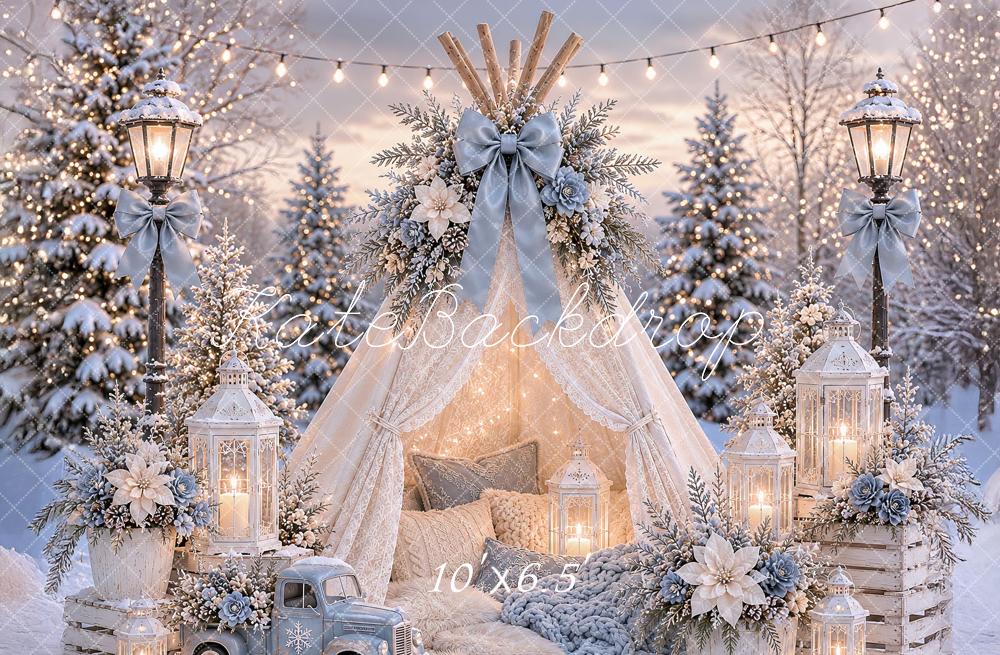 Kate Christmas Forest Lace Teepee Lamps Vintage Truck Bow Printed Backdrop Designed by Ashley Paul