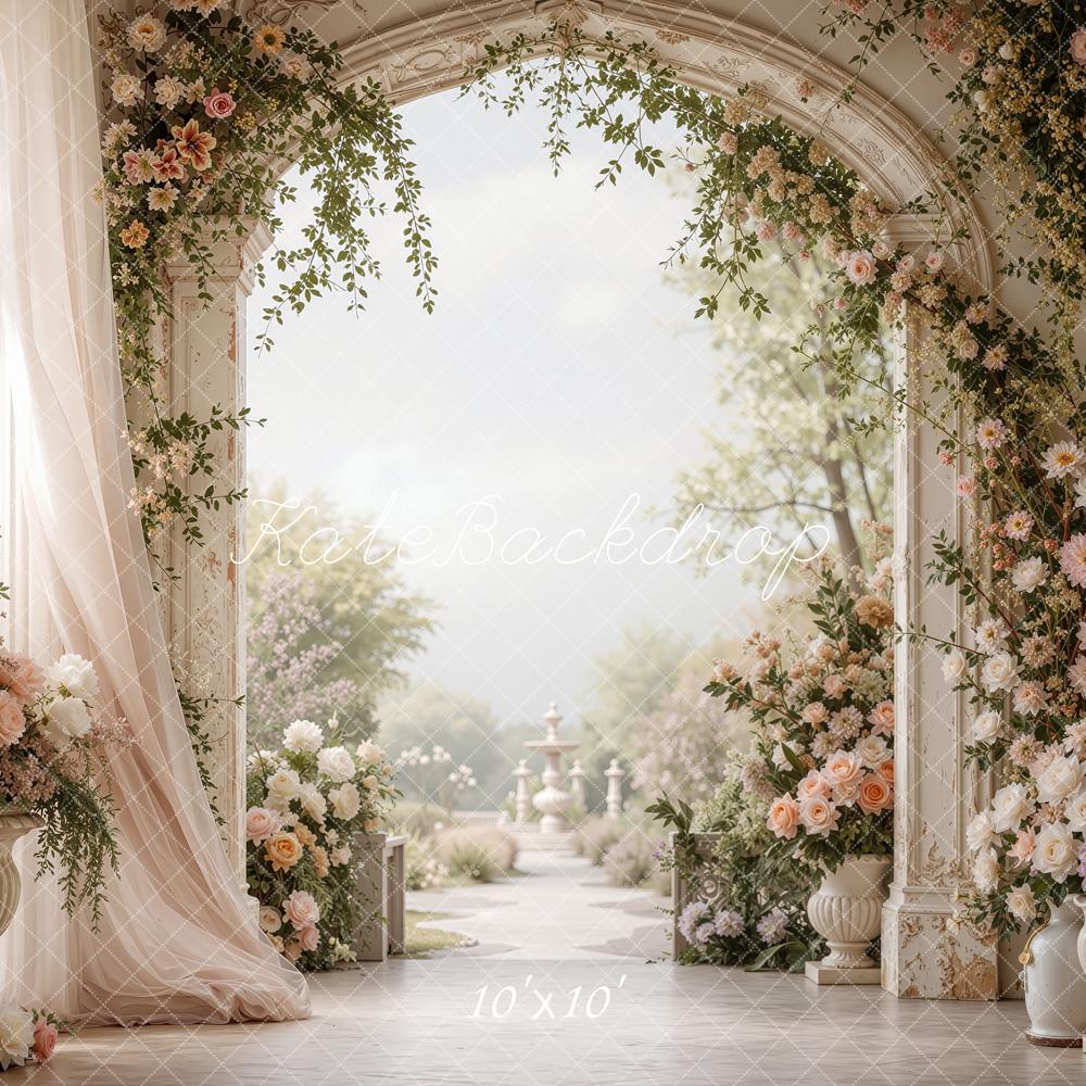 Kate Spring Flower Arch Palace Garden White Curtains Printed Backdrop Designed by Shutter Swan Studios