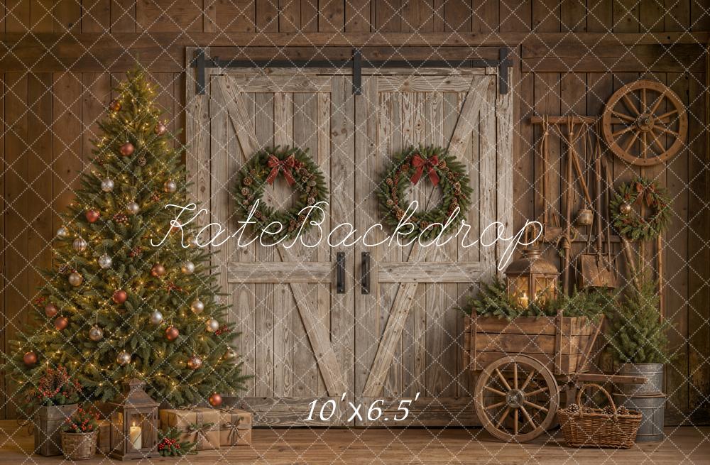 Kate Christmas Rustic Barn Door Christmas Tree Wagon Wheel Printed Backdrop Designed by Emetselch