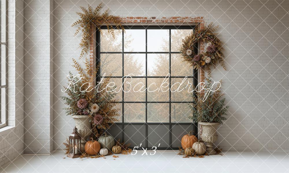 Kate Fall Cozy Window Dried Flowers Pumpkins Printed Backdrop Designed by Ashley Ward
