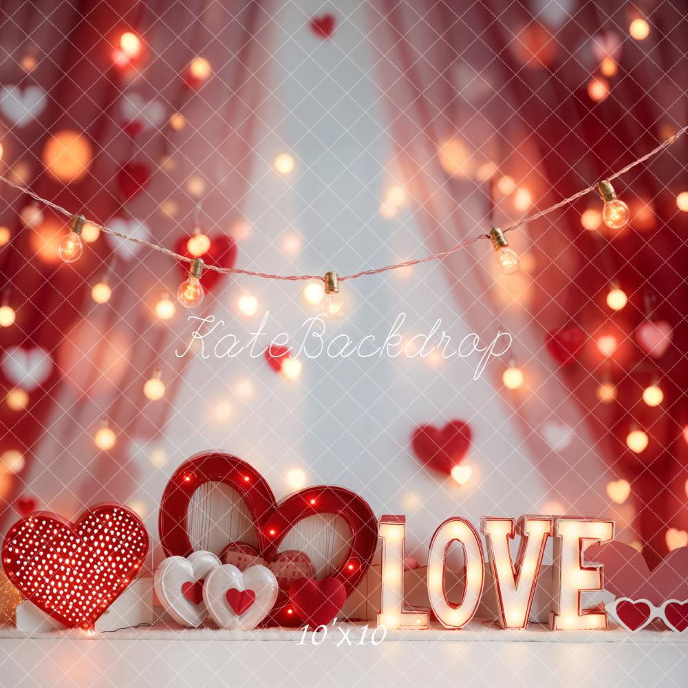 Kate Valentines Red Hearts LOVE Bokeh Lights Backdrop Designed by Emetselch