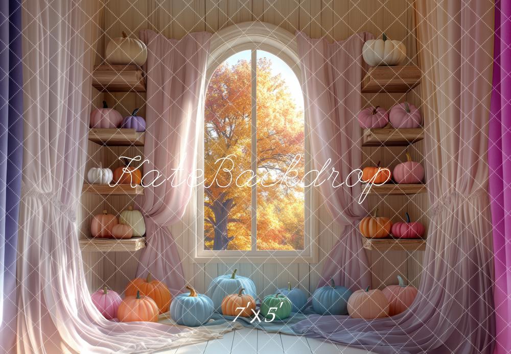Cortinas de Ventana de Calabazas Pastel Otoñales Estantes Fondo Diseñado por Mini MakeBelieve