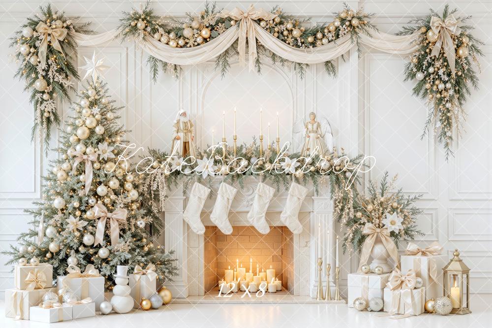 Kate Christmas White Gold Tree Mantel Fireplace Garland Printed Backdrop Designed by Mini MakeBelieve