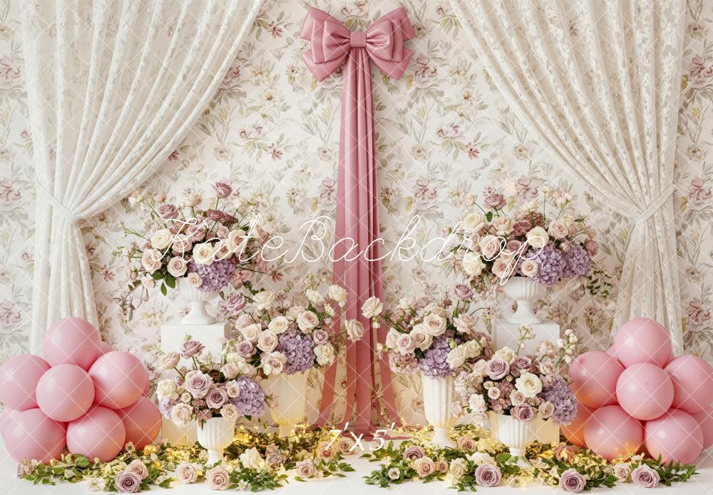 Kate Spring Mother's Day Floral Curtain Pink Bow Balloons Backdrop Designed by Patty Roberts