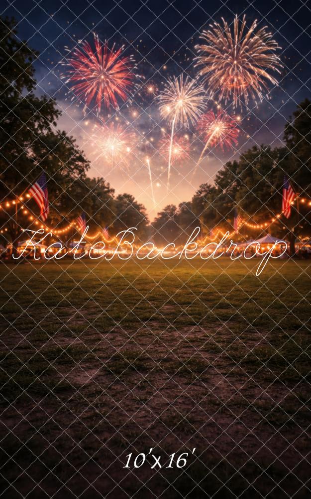 Kate Sweep 4th of July Fireworks Night Sky American Flags Lights Printed Backdrop Designed by Vertigo Productions