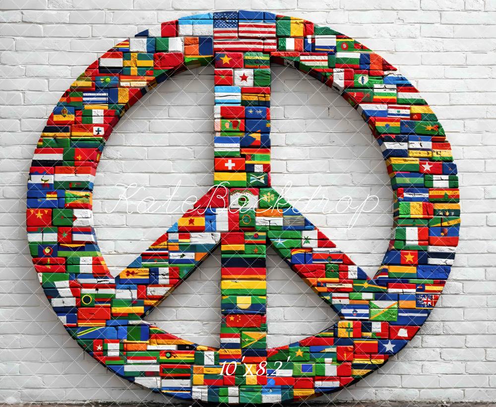 Kate Peace Sign Flags Brick Wall Printed Backdrop Designed by Mini MakeBelieve