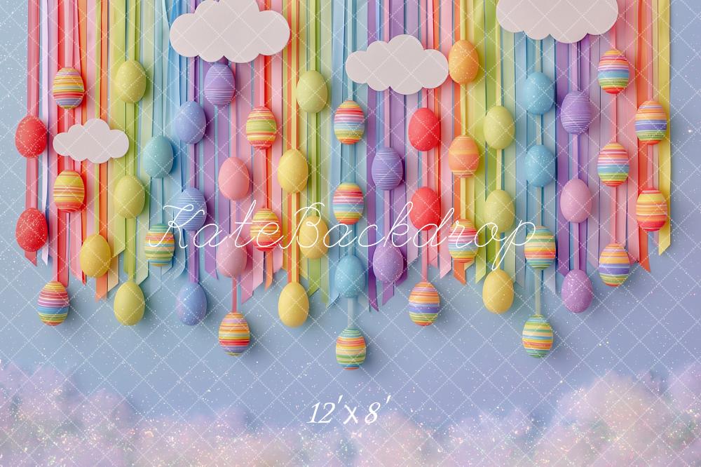 Kate Easter Kids Hanging Eggs Rainbow Clouds Printed Backdrop Designed by Angela Miller