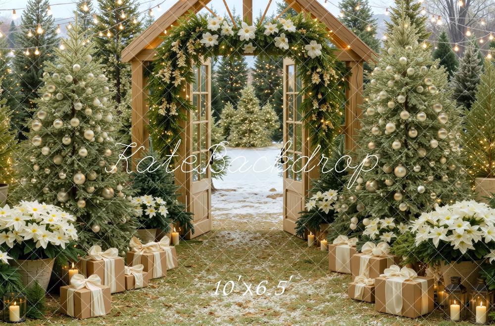 Kate Christmas Rustic Wood Arch Christmas Tree Presents Poinsettia Printed Backdrop Designed by Mini MakeBelieve