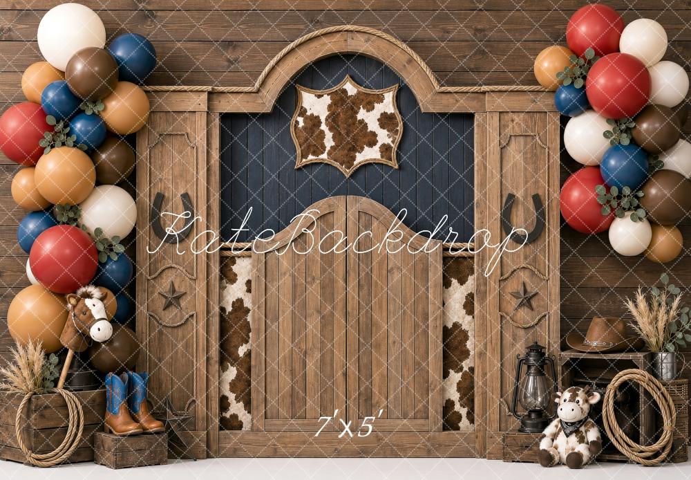 Kate Birthday Western Cowboy Barn Door Balloon Garland Cowhide Printed Backdrop Designed by Shutter Swan Studios